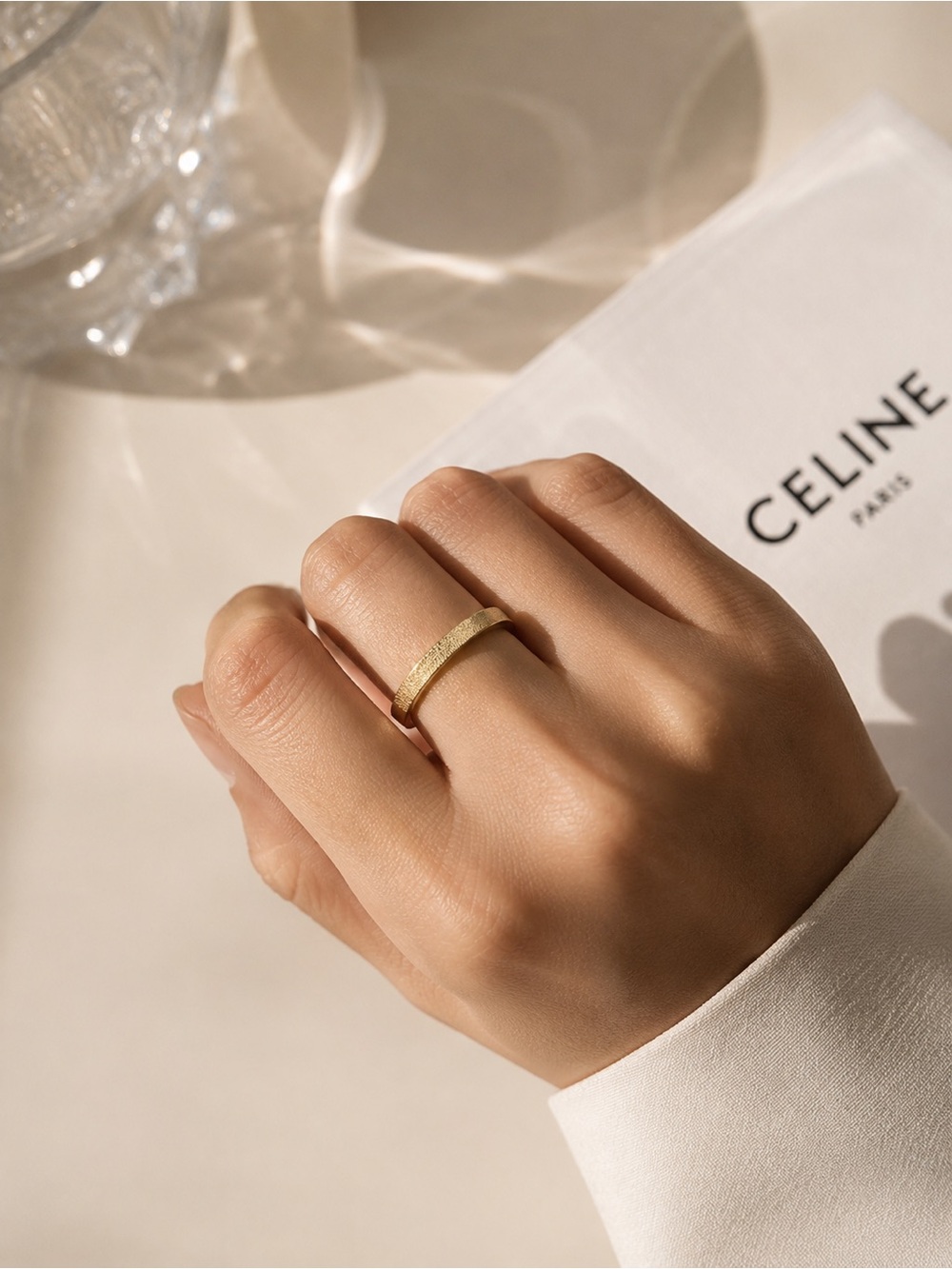 18K Gold Plated Textured Stacking Ring Waterproof Minimalist Band